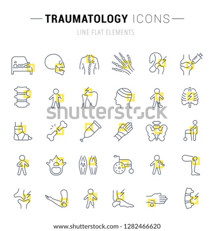 Set of vector line icons and signs with yellow squares of traumatology for excellent concepts. Collection of infographics logos and pictograms.