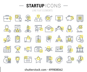 Set vector line icons startup and business in flat design with elements for mobile concepts and web apps. Collection modern infographic logo and pictogram.