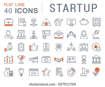 Set vector line icons startup and business in flat design with elements for mobile concepts and web apps. Collection modern infographic logo and pictogram.