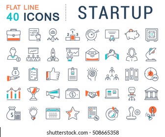 Set vector line icons startup and business in flat design with elements for mobile concepts and web apps. Collection modern infographic logo and pictogram.