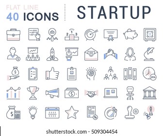 Definir ícones de linha vetorial inicialização e negócios em design plano com elementos para conceitos móveis e aplicativos web. Coleção moderna logotipo infográfico e pictograma.
