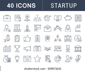 Set vector line icons startup and business in flat design with elements for mobile concepts and web apps. Collection modern infographic logo and pictogram.