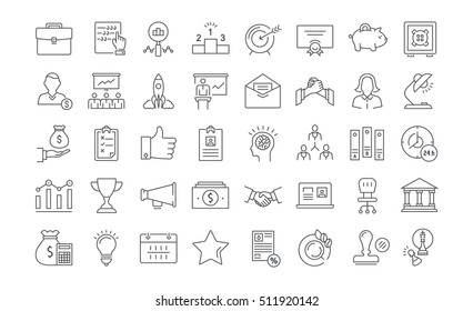 Set vector line icons startup and business in flat design with elements for mobile concepts and web apps. Collection modern infographic logo and pictogram.