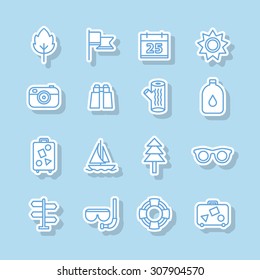 A set of vector line icons for summer vacation, holiday, outdoor. camera,binocular, tree, oil, bag, baggage, boat, sunglasses, leaf, flag, calendar, sun, direction, tube, swim, scuba, diving.
