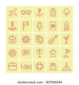 A set of vector line icons for summer vacation. outdoor. brazier, golf, flag, passport, fishing, campfire, ship, tent, mobile, air plane, glasses, sun, parking, anchor, guitar, cocktail, bag, leaf.
