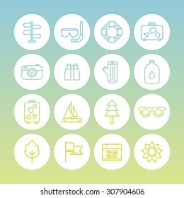 A set of vector line icons for summer vacation, holiday, outdoor. camera,binocular, tree, oil, bag, baggage, boat, sunglasses, leaf, flag, calendar, sun, direction, tube, swim, scuba, diving.