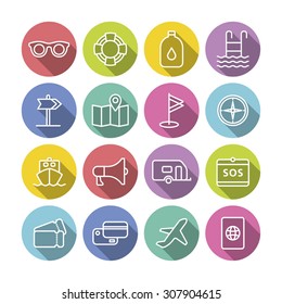 A set of vector line icons for summer vacation, holiday, outdoor. golf, flag, direction, map, compass, camping, ship, loudspeaker, sos, oil, sunglasses, tube, pool, air plane, ticket, passport.