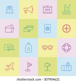 A set of vector line icons for summer vacation, holiday, outdoor. golf, flag, direction, map, compass, camping, ship, loudspeaker, sos, oil, sunglasses, tube, pool, air plane, ticket, passport.