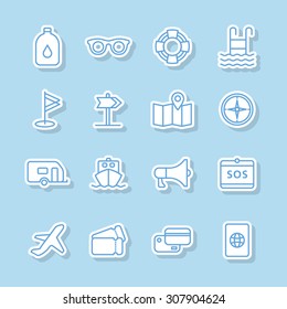 A set of vector line icons for summer vacation, holiday, outdoor. golf, flag, direction, map, compass, camping, ship, loudspeaker, sos, oil, sunglasses, tube, pool, air plane, ticket, passport.