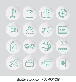 A set of vector line icons for summer vacation, holiday, outdoor. golf, flag, direction, map, compass, camping, ship, loudspeaker, sos, oil, sunglasses, tube, pool, air plane, ticket, passport.