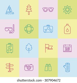 A set of vector line icons for summer vacation, holiday, outdoor. camera,binocular, tree, oil, bag, baggage, boat, sunglasses, leaf, flag, calendar, sun, direction, tube, swim, scuba, diving.