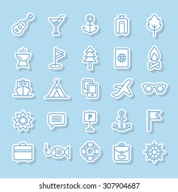 A set of vector line icons for summer vacation. outdoor. brazier, golf, flag, passport, fishing, campfire, ship, tent, mobile, air plane, glasses, sun, parking, anchor, guitar, cocktail, bag, leaf.