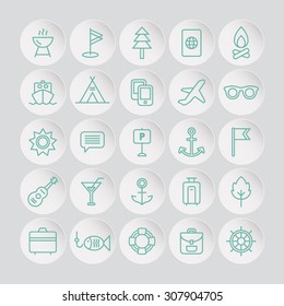 A set of vector line icons for summer vacation. outdoor. brazier, golf, flag, passport, fishing, campfire, ship, tent, mobile, air plane, glasses, sun, parking, anchor, guitar, cocktail, bag, leaf.