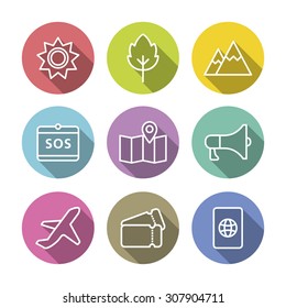 A set of vector line icons for summer vacation, holiday, outdoor. loudspeaker, sos, map, passport, air plane, ticket, mountain, sun, tree, leaf.