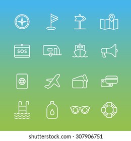 A set of vector line icons for summer vacation, holiday, outdoor. golf, flag, direction, map, compass, camping, ship, loudspeaker, sos, oil, sunglasses, tube, pool, air plane, ticket, passport.
