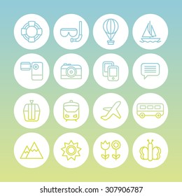 A set of vector line icons for summer vacation. outdoor. camcorder, camera, mobile, cable car, train, air plane, bus, mountain, sun, flower, butterfly, tube, scuba, diving, balloon, boat,video.