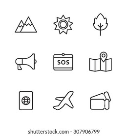A set of vector line icons for summer vacation, holiday, outdoor. loudspeaker, sos, map, passport, air plane, ticket, mountain, sun, tree, leaf.