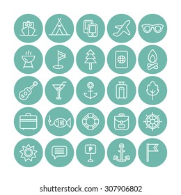 A set of vector line icons for summer vacation. outdoor. brazier, golf, flag, passport, fishing, campfire, ship, tent, mobile, air plane, glasses, sun, parking, anchor, guitar, cocktail, bag, leaf.