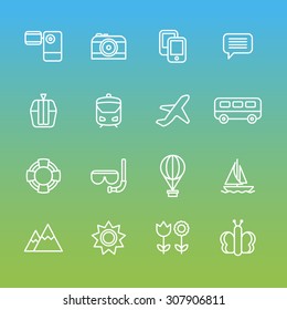 A set of vector line icons for summer vacation. outdoor. camcorder, camera, mobile, cable car, train, air plane, bus, mountain, sun, flower, butterfly, tube, scuba, diving, balloon, boat,video.