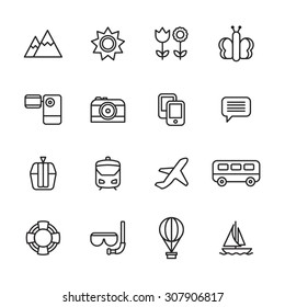 A set of vector line icons for summer vacation. outdoor. camcorder, camera, mobile, cable car, train, air plane, bus, mountain, sun, flower, butterfly, tube, scuba, diving, balloon, boat,video.