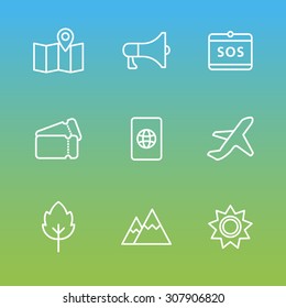 A set of vector line icons for summer vacation, holiday, outdoor. loudspeaker, sos, map, passport, air plane, ticket, mountain, sun, tree, leaf.