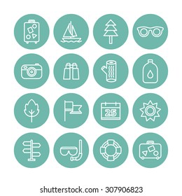 A set of vector line icons for summer vacation, holiday, outdoor. camera,binocular, tree, oil, bag, baggage, boat, sunglasses, leaf, flag, calendar, sun, direction, tube, swim, scuba, diving.