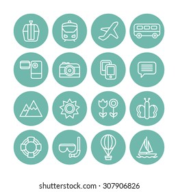 A set of vector line icons for summer vacation. outdoor. camcorder, camera, mobile, cable car, train, air plane, bus, mountain, sun, flower, butterfly, tube, scuba, diving, balloon, boat,video.