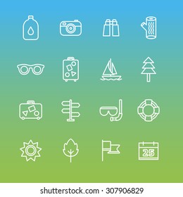 A set of vector line icons for summer vacation, holiday, outdoor. camera,binocular, tree, oil, bag, baggage, boat, sunglasses, leaf, flag, calendar, sun, direction, tube, swim, scuba, diving.