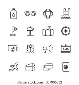 A set of vector line icons for summer vacation, holiday, outdoor. golf, flag, direction, map, compass, camping, ship, loudspeaker, sos, oil, sunglasses, tube, pool, air plane, ticket, passport.