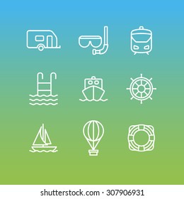A set of vector line icons for summer vacation. outdoor. swim pool, boat, yacht, rudder, tube, scuba diving, balloon, ship, train, camping car, bus.
