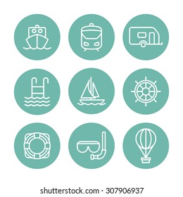 A set of vector line icons for summer vacation. outdoor. swim pool, boat, yacht, rudder, tube, scuba diving, balloon, ship, train, camping car, bus.