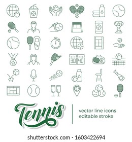 Set of vector line icons and symbols in flat design with elements for mobile concepts and web apps. Collection of tennis stuff, ball, racket, equipment, court, medal, competition infographic and logo.