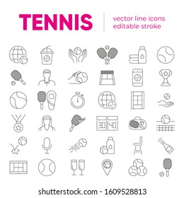 Set of vector line icons and symbols in flat tennis with elements for mobile concepts and web apps. Collection of tennis stuff, ball, racket, equipment, court, medal, competition logo and pictogram.