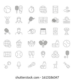 Set of vector line icons and symbols in flat tennis with elements for mobile concepts and web apps. Collection of tennis stuff, ball, racket, equipment, court, medal, competition logo and pictogram.