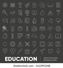 Set of vector line icons and symbols in flat design education, school, university, science with elements for mobile concepts and web apps. Collection of line modern infographic logo and pictogram.