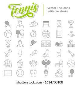 Set of vector line icons and symbols in flat tennis with elements for mobile concepts and web apps. Collection of tennis stuff, ball, racket, equipment, court, medal, competition logo and pictogram.