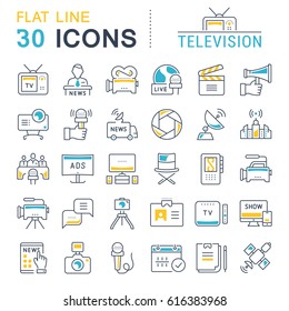 Set of vector line icons of television and news.