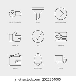 Conjunto de iconos de línea de Vector para pulgar hacia arriba, garrapata, cupón y más. Colección editable de 9 iconos de líneas aéreas.