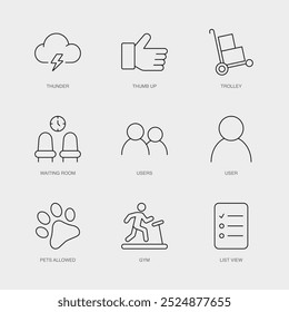 Set von Vektorlinien-Symbolen für Daumen hoch, Trolley, Wartezimmer und mehr. Editierbare Sammlung von 9 Airline Outline Icons.