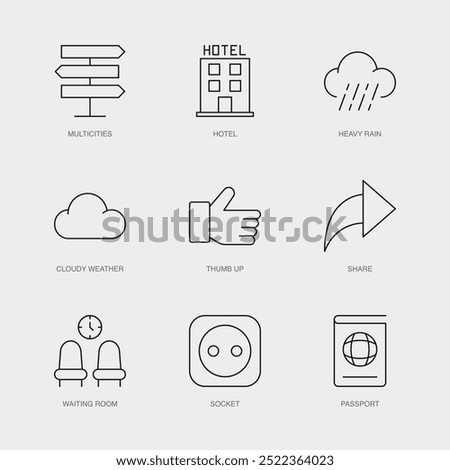 Set of Vector Line Icons for Thumb Up, Share, Waiting Room and more. Editable collection of 9 Airline Outline Icons.