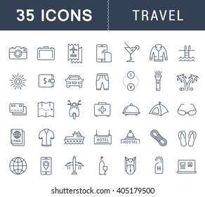 Set vector line icons  travel, hotel service, resort vacation, tour planning, recreational rest, holiday trip with open path mobile design and development with elements for mobile concepts and web app