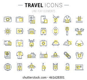 Set vector line icons  travel, hotel service, resort vacation, tour planning, recreational rest, holiday trip with open path mobile design and development with elements for mobile concepts and web app