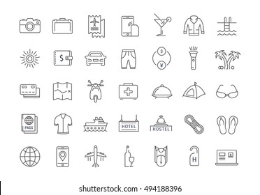 Set vector line icons travel, hotel service, resort vacation, tour planning, recreational rest, holiday trip with open path mobile design and development with elements for mobile concepts and web apps