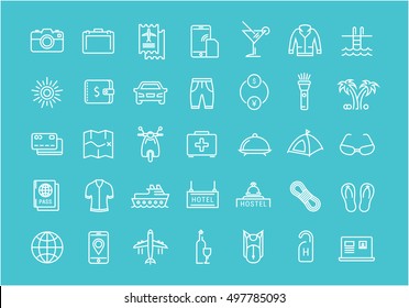 Set vector line icons travel, hotel service, resort vacation, tour planning, recreational rest, holiday trip with open path mobile design and development with elements for mobile concepts and web apps