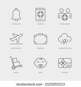 Set von Vektorliniensymbolen für Trolley, Baby, Gutschein und mehr. Editierbare Sammlung von 9 Airline Outline Icons.