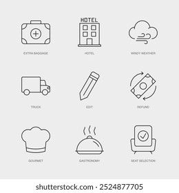 Set of Vector Line Icons for Truck, Edit, Refund and more. Editable collection of 9 Airline Outline Icons.