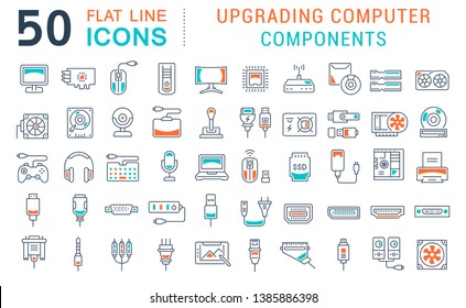 Set of vector line icons of upgrading computer components for modern concepts, web and apps.