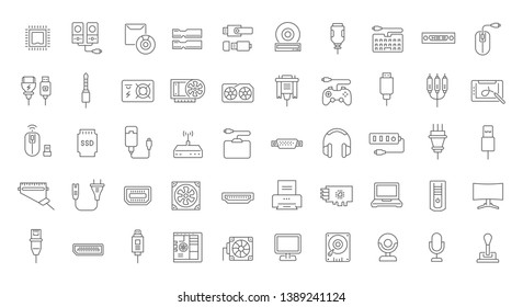 Set of vector line icons of upgrading computer components for modern concepts, web and apps.