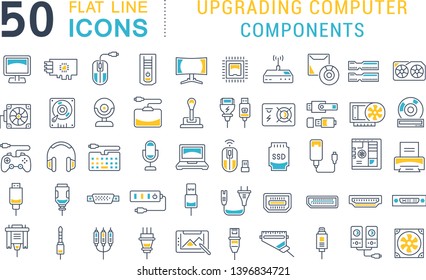 Set of vector line icons of upgrading computer components for modern concepts, web and apps.