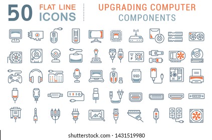 Set of vector line icons of upgrading computer components for modern concepts, web and apps.